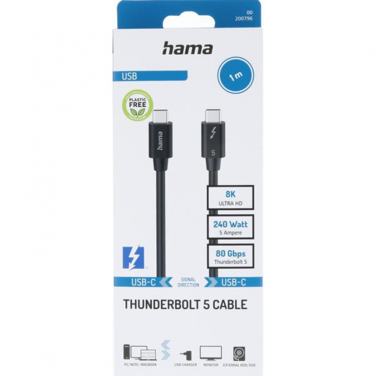 Hama Kaapeli USB-C Thunderbolt 5 80 Gbit/S Ultra-Hd 8K 1.0M Musta