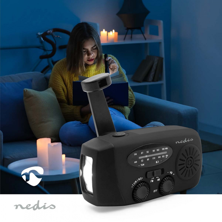 Nedis Hätäradio | Pöytämalli | AM / FM | Powerbank-toiminto | Akkukäyttöinen / Käsiveivi / USB Virta | Musta Nedis Hätäradio | Pöytämalli | AM / FM | Powerbank-toiminto | Akkukäyttöinen / Käsiveivi / USB Virta | Musta