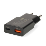 Nedis Seinälaturi | 20 W | GaN | PD3.0 | Pikalataus-toiminto | 1.5 / 2.0 / 2.22 A / 3.0 A | Lähtöliitäntöjen määrä: 2 | USB-A / USB-C™ | USB Type-C™ (irrallinen) Kaapeli | 1.50 m | Automaattinen Jännitteen Valinta | Musta