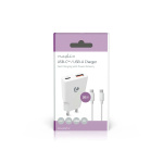 Nedis Seinälaturi | 20 W | GaN | PD3.0 | Pikalataus-toiminto | 1.5 / 2.0 / 2.22 A / 3.0 A | Lähtöliitäntöjen määrä: 2 | USB-A / USB-C™ | USB-C™ (irrallinen) Kaapeli | 1.50 m | Automaattinen Jännitteen Valinta | Valkoinen