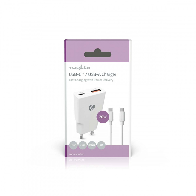 Nedis Seinälaturi | 20 W | GaN | PD3.0 | Pikalataus-toiminto | 1.5 / 2.0 / 2.22 A / 3.0 A | Lähtöliitäntöjen määrä: 2 | USB-A / USB-C™ | USB-C™ (irrallinen) Kaapeli | 1.50 m | Automaattinen Jännitteen Valinta | Valkoinen