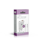 Nedis Seinälaturi | 20 W | GaN | PD3.0 | Pikalataus-toiminto | 1.5 / 2.0 / 2.22 A / 3.0 A | Lähtöliitäntöjen määrä: 2 | USB-A / USB-C™ | USB-C™ (irrallinen) Kaapeli | 1.50 m | Automaattinen Jännitteen Valinta | Valkoinen