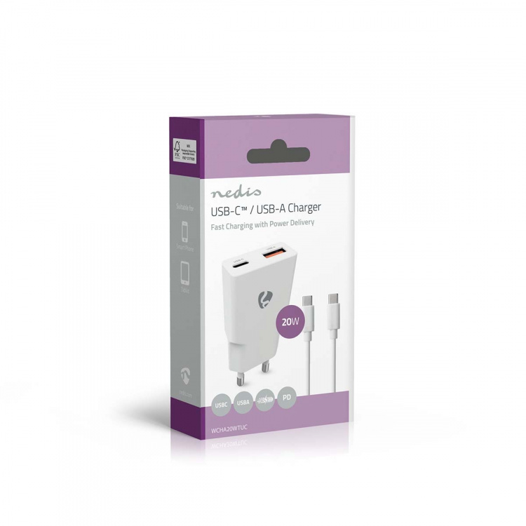 Nedis Seinälaturi | 20 W | GaN | PD3.0 | Pikalataus-toiminto | 1.5 / 2.0 / 2.22 A / 3.0 A | Lähtöliitäntöjen määrä: 2 | USB-A / USB-C™ | USB-C™ (irrallinen) Kaapeli | 1.50 m | Automaattinen Jännitteen Valinta | Valkoinen