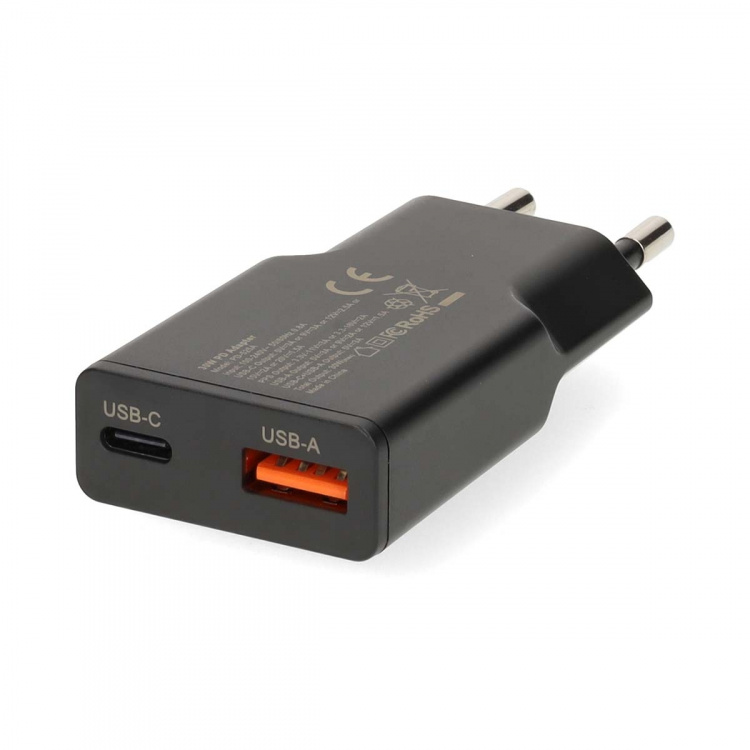 Nedis Seinälaturi | 30 W | GaN | PD3.0 30W | Pikalataus-toiminto | 1.5 / 2.0 / 2.5 / 3.0 A | Lähtöliitäntöjen määrä: 2 | USB-A / USB-C™ | Automaattinen Jännitteen Valinta | Musta