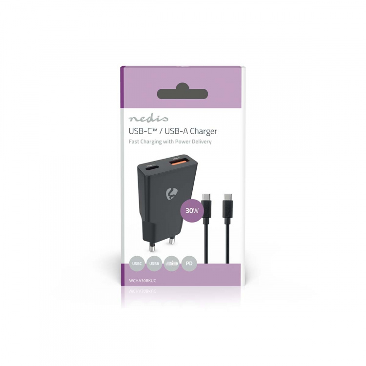 Nedis Seinälaturi | 30 W | GaN | PD3.0 30W | Pikalataus-toiminto | 1.5 / 2.0 / 2.5 / 3.0 A | Lähtöliitäntöjen määrä: 2 | USB-A / USB-C™ | USB Type-C™ (irrallinen) Kaapeli | 1.50 m | Automaattinen Jännitteen Valinta | Musta Nedis Seinälaturi | 30 W | GaN | PD3.0 30W | Pikalataus-toiminto | 1.5 / 2.0 / 2.5 / 3.0 A | Lähtöliitäntöjen määrä: 2 | USB-A / USB-C™ | USB Type-C™ (irrallinen) Kaapeli | 1.50 m | Automaattinen Jännitteen Valinta | Musta