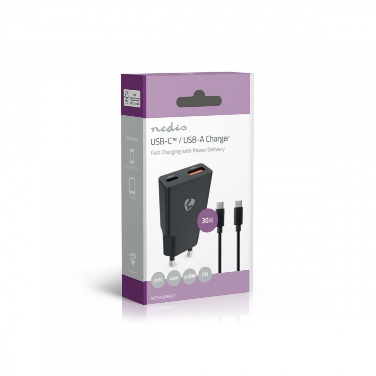 Nedis Seinälaturi | 30 W | GaN | PD3.0 30W | Pikalataus-toiminto | 1.5 / 2.0 / 2.5 / 3.0 A | Lähtöliitäntöjen määrä: 2 | USB-A / USB-C™ | USB Type-C™ (irrallinen) Kaapeli | 1.50 m | Automaattinen Jännitteen Valinta | Musta Nedis Seinälaturi | 30 W | GaN | PD3.0 30W | Pikalataus-toiminto | 1.5 / 2.0 / 2.5 / 3.0 A | Lähtöliitäntöjen määrä: 2 | USB-A / USB-C™ | USB Type-C™ (irrallinen) Kaapeli | 1.50 m | Automaattinen Jännitteen Valinta | Musta