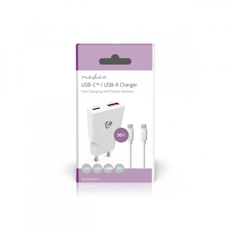 Nedis Seinälaturi | 30 W | GaN | PD3.0 30W | Pikalataus-toiminto | 1.5 / 2.0 / 2.5 / 3.0 A | Lähtöliitäntöjen määrä: 2 | USB-A / USB-C™ | USB-C™ (irrallinen) Kaapeli | 1.50 m | Automaattinen Jännitteen Valinta | Valkoinen