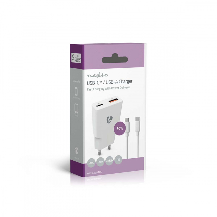 Nedis Seinälaturi | 30 W | GaN | PD3.0 30W | Pikalataus-toiminto | 1.5 / 2.0 / 2.5 / 3.0 A | Lähtöliitäntöjen määrä: 2 | USB-A / USB-C™ | USB-C™ (irrallinen) Kaapeli | 1.50 m | Automaattinen Jännitteen Valinta | Valkoinen
