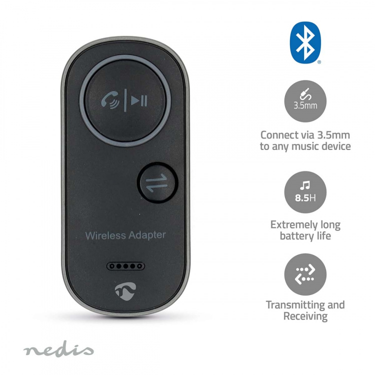 Nedis Bluetooth ® lähetin/vastaanotin | Audio- / video- / datayhteyksien syöttö: USB-C™ Female | Audio- / video- / datayhteyksien ulostulo: 1x 3.5 mm | SBC | Enintään 1 laite | Suurin akun toistoaika: 8.5 tuntia | Musta