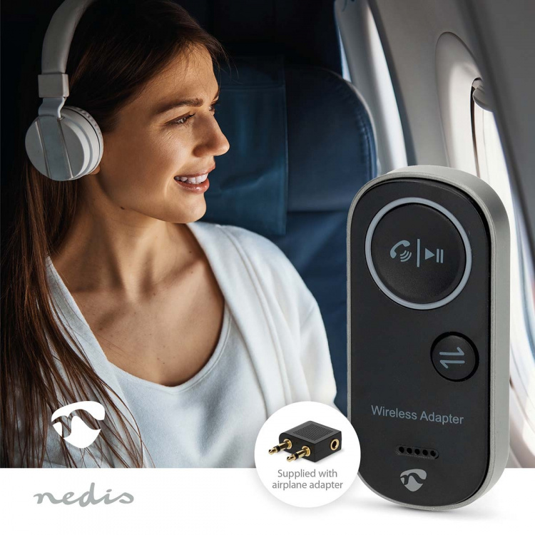 Nedis Bluetooth ® lähetin/vastaanotin | Audio- / video- / datayhteyksien syöttö: USB-C™ Female | Audio- / video- / datayhteyksien ulostulo: 1x 3.5 mm | SBC | Enintään 1 laite | Suurin akun toistoaika: 8.5 tuntia | Musta