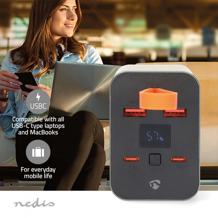 Nedis Virtapankki | 30000 mAh | 1.5 / 2.0 / 3.0 / 5.0 A | Lähtöliitäntöjen määrä: 4 | Lähtöliitäntä: 2x USB-A / 2x USB-C™ | Sisääntulon liitäntä: 1x USB-C™ | PD3.0 100W / QC3.0 | Litium-Polymeeri | Näyttö