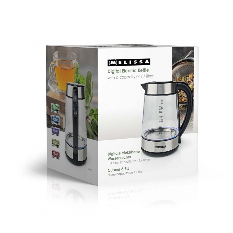 MELISSA Digitaalinen vedenkeitin | 1,7 l | 2200 W | Lasi | 50/70/80/90/100 °C Esiasetukset | 360° piruettijalusta | Piilotettu lämmityselementti | Strix®-säädin | Keep-warm-toiminto | Kiehumis- ja kuivumissuojaus MELISSA Digitaalinen vedenkeitin | 1,7 l | 2200 W | Lasi | 50/70/80/90/100 °C Esiasetukset | 360° piruettijalusta | Piilotettu lämmityselementti | Strix®-säädin | Keep-warm-toiminto | Kiehumis- ja kuivumissuojaus