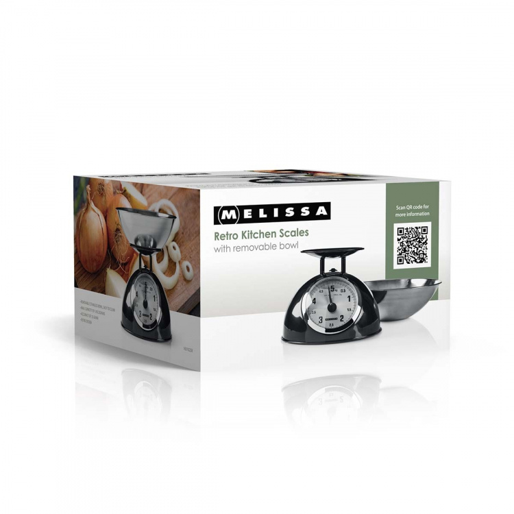 MELISSA Retro-keittiövaaka | Analoginen | Metallikotelo | Irrotettava kulho | Max. 5 kg | 25 gramman askelin | Musta