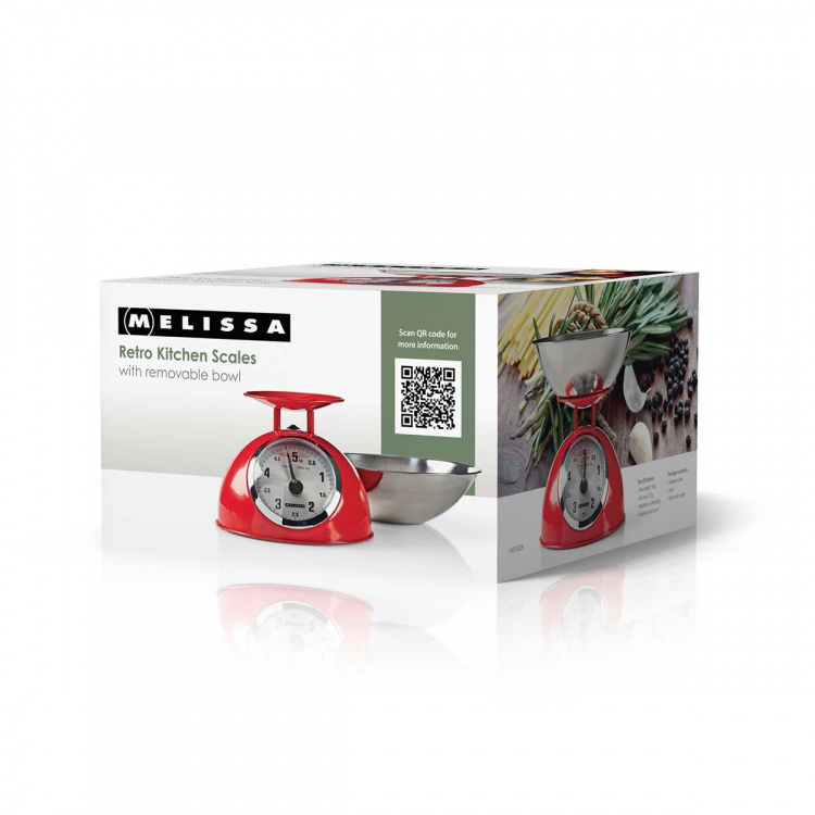 MELISSA Retro-keittiövaaka | Analoginen | Metallikotelo | Irrotettava kulho | Max. 5kg | 25 gramman askelin | Punainen MELISSA Retro-keittiövaaka | Analoginen | Metallikotelo | Irrotettava kulho | Max. 5kg | 25 gramman askelin | Punainen