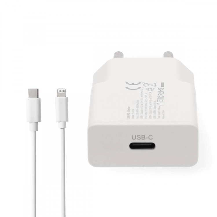 Nedis Seinälaturi | 20 W | GaN | PD3.0 | Pikalataus-toiminto | 1.67 A / 2.22 A / 3.0 A | Lähtöliitäntöjen määrä: 1 | USB-C™ | Lightning 8-Pin (irrallinen) Kaapeli | 1.00 m | Automaattinen Jännitteen Valinta | Valkoinen