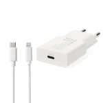 Nedis Seinälaturi | 20 W | GaN | PD3.0 | Pikalataus-toiminto | 1.67 A / 2.22 A / 3.0 A | Lähtöliitäntöjen määrä: 1 | USB-C™ | Lightning 8-Pin (irrallinen) Kaapeli | 1.00 m | Automaattinen Jännitteen Valinta | Valkoinen