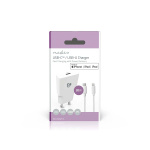 Nedis Seinälaturi | 20 W | GaN | PD3.0 | Pikalataus-toiminto | 1.67 A / 2.22 A / 3.0 A | Lähtöliitäntöjen määrä: 1 | USB-C™ | Lightning 8-Pin (irrallinen) Kaapeli | 1.00 m | Automaattinen Jännitteen Valinta | Valkoinen