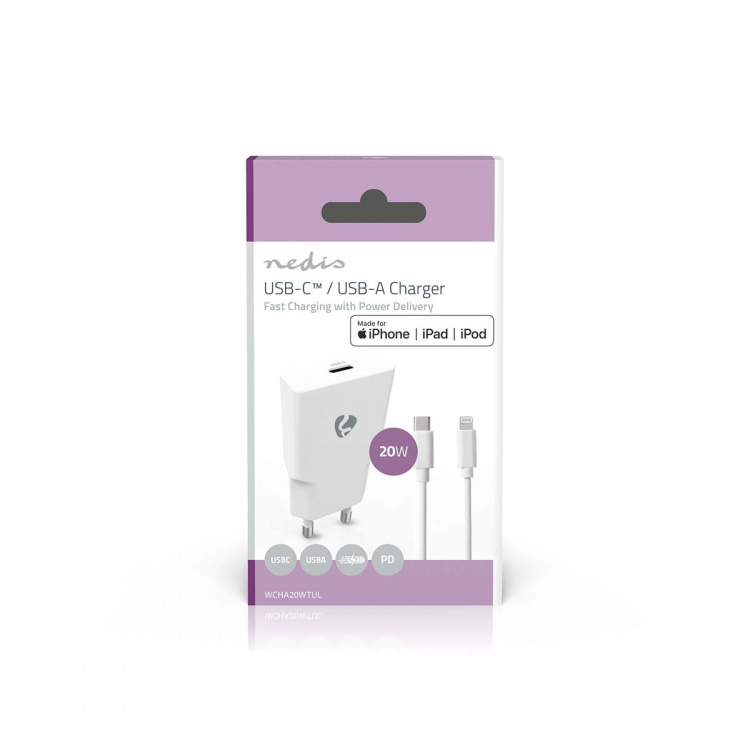 Nedis Seinälaturi | 20 W | GaN | PD3.0 | Pikalataus-toiminto | 1.67 A / 2.22 A / 3.0 A | Lähtöliitäntöjen määrä: 1 | USB-C™ | Lightning 8-Pin (irrallinen) Kaapeli | 1.00 m | Automaattinen Jännitteen Valinta | Valkoinen