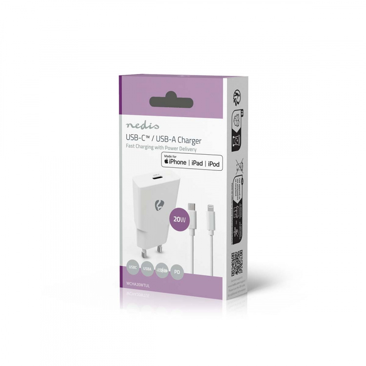Nedis Seinälaturi | 20 W | GaN | PD3.0 | Pikalataus-toiminto | 1.67 A / 2.22 A / 3.0 A | Lähtöliitäntöjen määrä: 1 | USB-C™ | Lightning 8-Pin (irrallinen) Kaapeli | 1.00 m | Automaattinen Jännitteen Valinta | Valkoinen