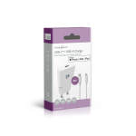 Nedis Seinälaturi | 20 W | GaN | PD3.0 | Pikalataus-toiminto | 1.67 A / 2.22 A / 3.0 A | Lähtöliitäntöjen määrä: 1 | USB-C™ | Lightning 8-Pin (irrallinen) Kaapeli | 1.00 m | Automaattinen Jännitteen Valinta | Valkoinen