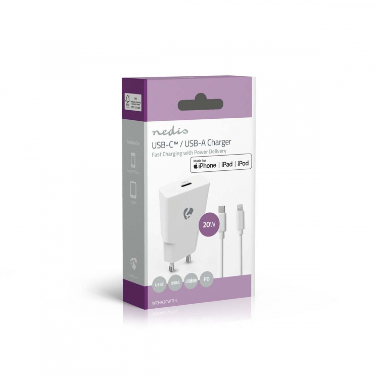 Nedis Seinälaturi | 20 W | GaN | PD3.0 | Pikalataus-toiminto | 1.67 A / 2.22 A / 3.0 A | Lähtöliitäntöjen määrä: 1 | USB-C™ | Lightning 8-Pin (irrallinen) Kaapeli | 1.00 m | Automaattinen Jännitteen Valinta | Valkoinen