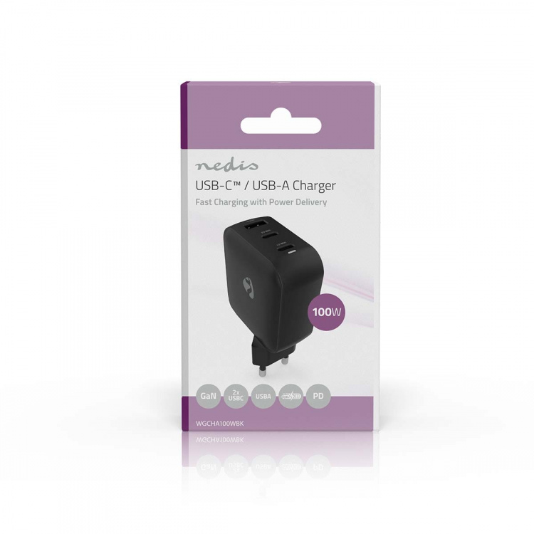 Nedis Seinälaturi | 100 W | GaN | PD3.0 | Pikalataus-toiminto | 2.5 / 3.0 / 5.0 A | Lähtöliitäntöjen määrä: 3 | USB-A / 2x USB-C™ | Automaattinen Jännitteen Valinta | Musta Nedis Seinälaturi | 100 W | GaN | PD3.0 | Pikalataus-toiminto | 2.5 / 3.0 / 5.0 A | Lähtöliitäntöjen määrä: 3 | USB-A / 2x USB-C™ | Automaattinen Jännitteen Valinta | Musta