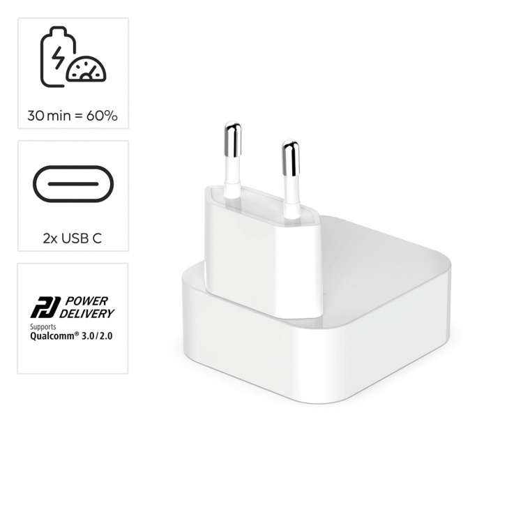 Hama Laturi 2xUSB-C GaN PD 40W Nopea Taitettava Mini Valkoinen
