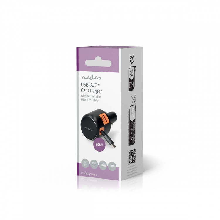 Nedis Autolaturi | 60 W | 2.4 / 3.0 A | Lähtöliitäntöjen määrä: 3 | Portin tyyppi: USB-A / USB-C™ | USB-C™ sisäänvedettävä kaapeli | 0.70 m | Automaattinen Jännitteen Valinta