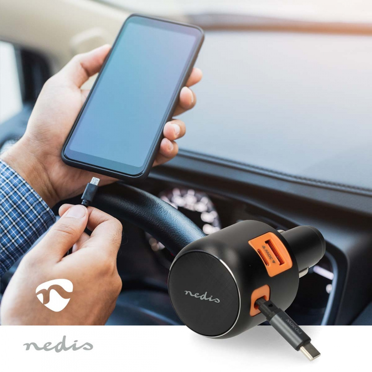 Nedis Autolaturi | 60 W | 2.4 / 3.0 A | Lähtöliitäntöjen määrä: 3 | Portin tyyppi: USB-A / USB-C™ | USB-C™ sisäänvedettävä kaapeli | 0.70 m | Automaattinen Jännitteen Valinta