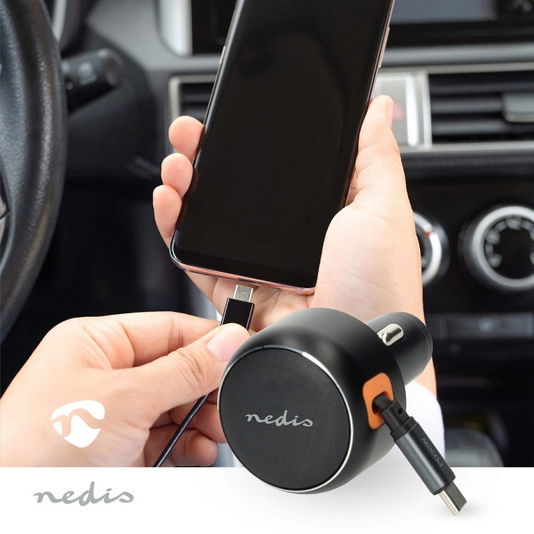 Nedis Autolaturi | 30 W | 2.4 / 3.0 A | Lähtöliitäntöjen määrä: 1 | USB-C™ sisäänvedettävä kaapeli | 0.70 m | Automaattinen Jännitteen Valinta