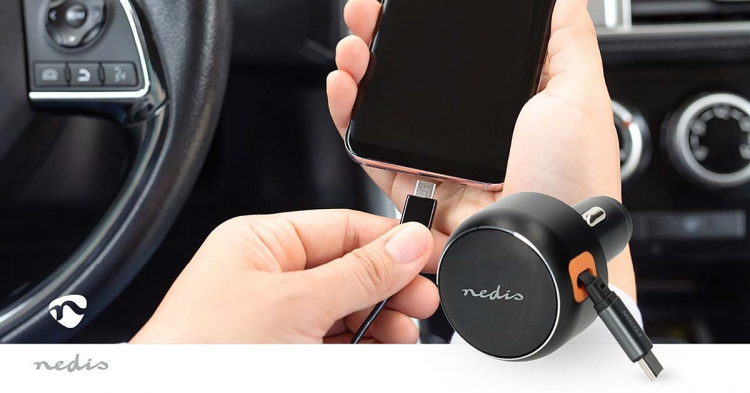 Nedis Autolaturi | 30 W | 2.4 / 3.0 A | Lähtöliitäntöjen määrä: 1 | USB-C™ sisäänvedettävä kaapeli | 0.70 m | Automaattinen Jännitteen Valinta