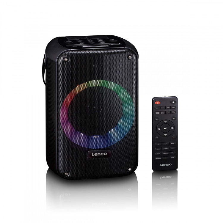 Lenco Karaokejärjestelmä, jossa Bluetooth®, ladattava akku, langaton karaokemikrofoni ja disco LED-valaistus Musta