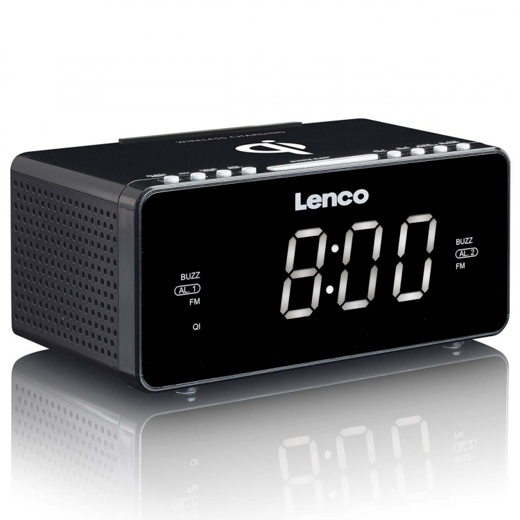 Lenco Stereo FM-kelloradio USB- ja Qi-langattomalla älypuhelimen latauksella Musta Lenco Stereo FM-kelloradio USB- ja Qi-langattomalla älypuhelimen latauksella Musta