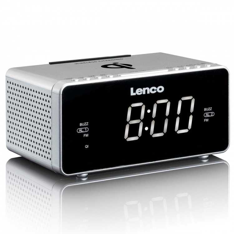 Lenco Stereo FM Clock Radio USB ja Qi langaton älypuhelimen lataus Silver Lenco Stereo FM Clock Radio USB ja Qi langaton älypuhelimen lataus Silver