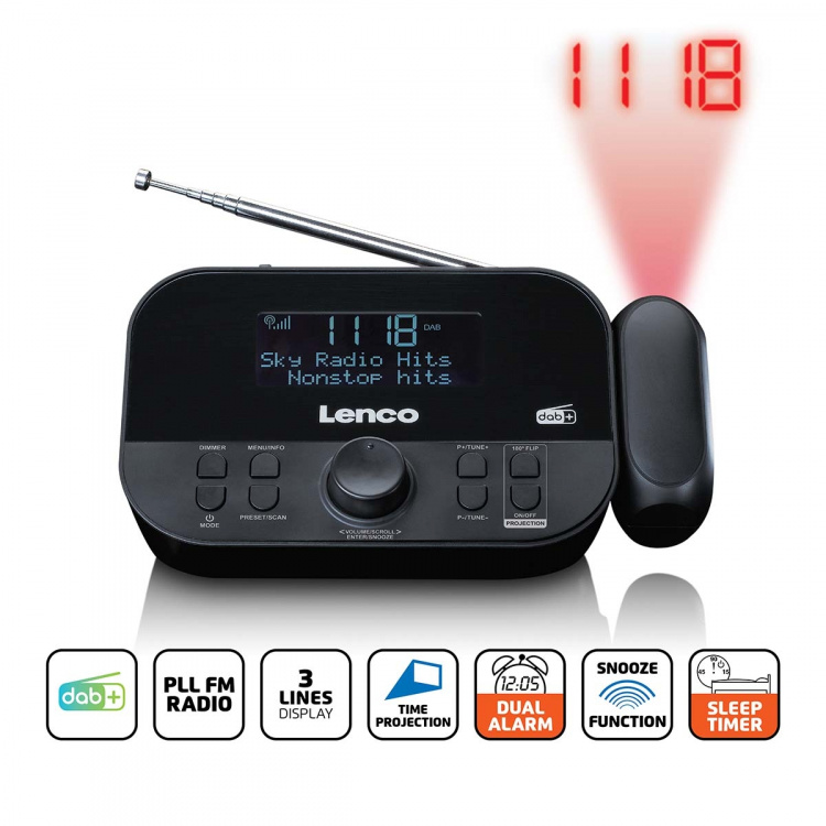Lenco DAB+, FM-kelloradio, jossa on projektio