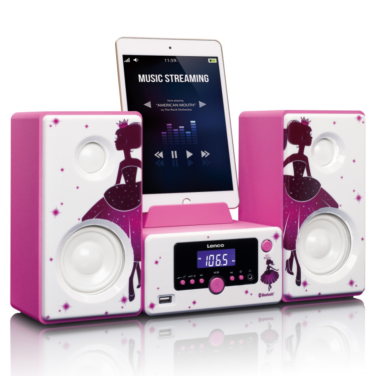 Lenco Micro set herätyskello Bluetooth® FM-radio USB aux-in Prinsessa Lenco Micro set herätyskello Bluetooth® FM-radio USB aux-in Prinsessa