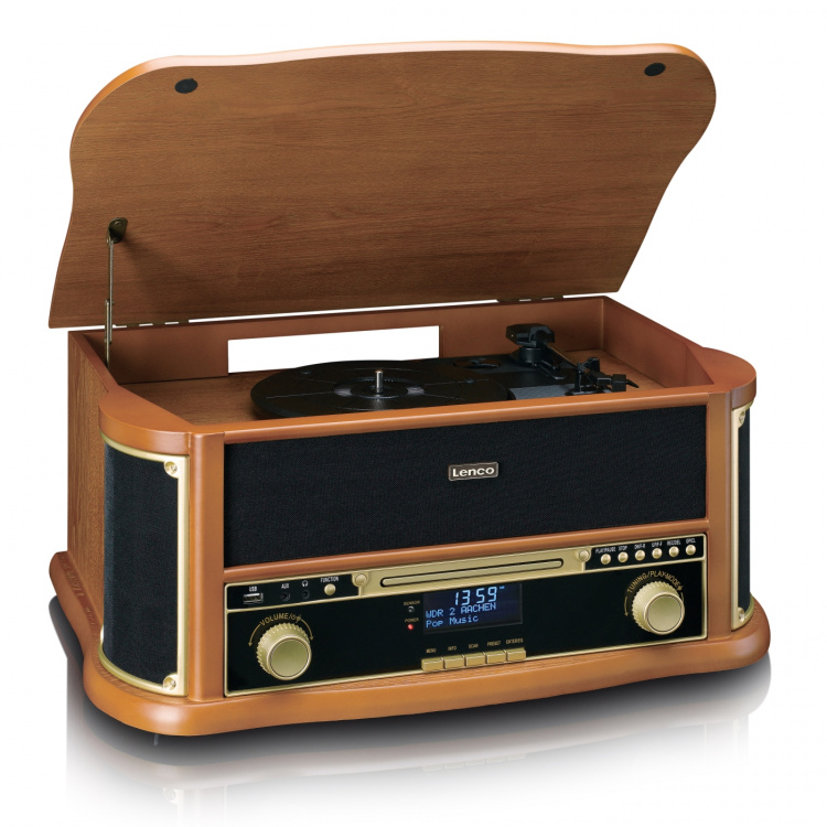 Lenco Puinen retrolevysoitin, jossa on Bluetooth®, DAB+/FM-radio, USB-koodaus, CD-soitin, kasettisoitin ja sisäänrakennetut kaiuttimet Lenco Puinen retrolevysoitin, jossa on Bluetooth®, DAB+/FM-radio, USB-koodaus, CD-soitin, kasettisoitin ja sisäänrakennetut kaiuttimet