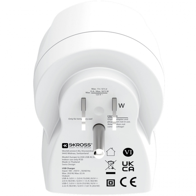 SKROSS Matkasovitin Euroopasta Yhdysvaltoihin ja muihin USB-A/USB-C 20W PD maadoitettu SKROSS Matkasovitin Euroopasta Yhdysvaltoihin ja muihin USB-A/USB-C 20W PD maadoitettu