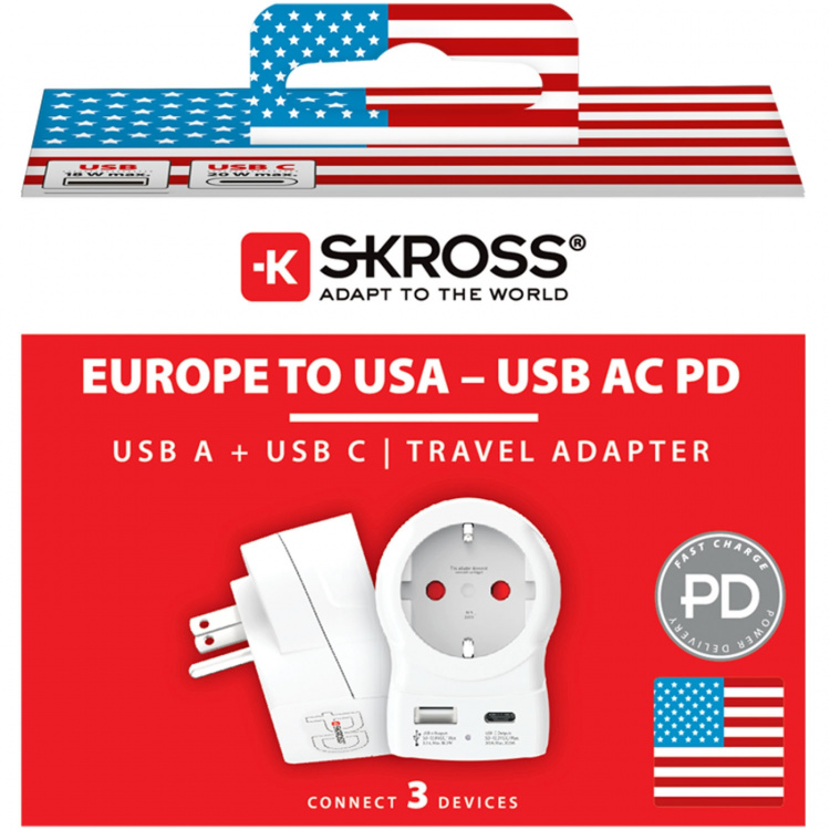 SKROSS Matkasovitin Euroopasta Yhdysvaltoihin ja muihin USB-A/USB-C 20W PD maadoitettu SKROSS Matkasovitin Euroopasta Yhdysvaltoihin ja muihin USB-A/USB-C 20W PD maadoitettu