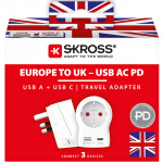 SKROSS Matkasovitin Euroopasta Iso-Britanniaan ja muihin USB-A/USB-C 20W PD maadoitettu SKROSS Matkasovitin Euroopasta Iso-Britanniaan ja muihin USB-A/USB-C 20W PD maadoitettu