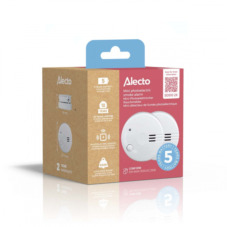 Alecto Mini-savunilmaisin 5 vuoden paristolla 2-pack Valkoinen