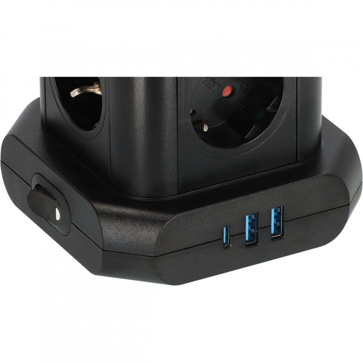 Brennenstuhl Power strip -torni, jossa on 8 power strippiä 45°-kokoonpanossa (2x USB A & 1x USB C Power Delivery, 2 m kaapelilla, kaksinapaisella kytkimellä)