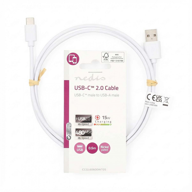 Nedis USB-kabel | USB 2.0 | USB-A Hane | USB-C™ Hane | 15 W | 480 Mbps | Nickelplaterad | 0.50 m | Rund | PVC | Vit | Label