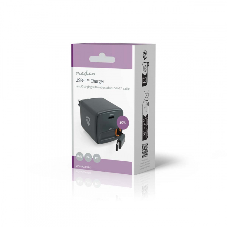 Nedis Seinälaturi | Sisäänvedettävällä kaapelilla | 30 W | GaN | PD3.0 30W | 1.5 / 2.0 / 2.5 / 3.0 A | Lähtöliitäntöjen määrä: 1 | USB-C™ | USB-C™ sisäänvedettävä kaapeli | 0.75 m | Automaattinen Jännitteen Valinta | Musta