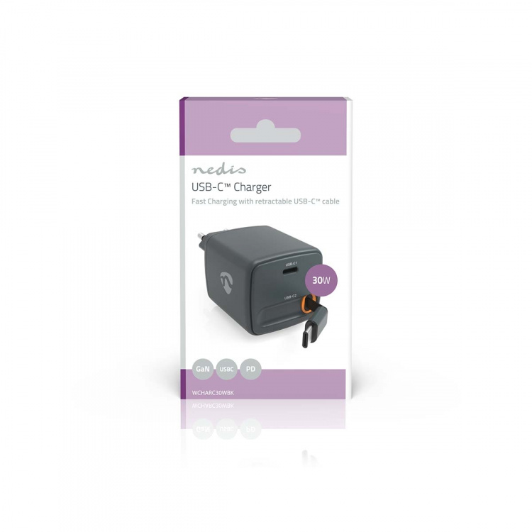 Nedis Seinälaturi | Sisäänvedettävällä kaapelilla | 30 W | GaN | PD3.0 30W | 1.5 / 2.0 / 2.5 / 3.0 A | Lähtöliitäntöjen määrä: 1 | USB-C™ | USB-C™ sisäänvedettävä kaapeli | 0.75 m | Automaattinen Jännitteen Valinta | Musta