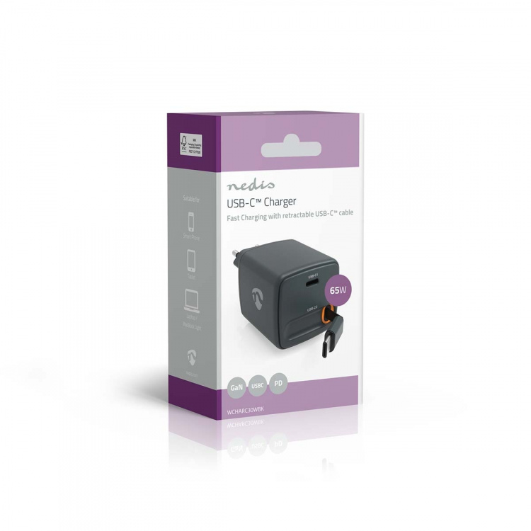 Nedis Seinälaturi | Sisäänvedettävällä kaapelilla | 65 W | GaN | PD3.0 30W | 3.0 / 3.25 A A | Lähtöliitäntöjen määrä: 1 | USB-C™ | USB-C™ sisäänvedettävä kaapeli | 0.75 m | Automaattinen Jännitteen Valinta | Musta