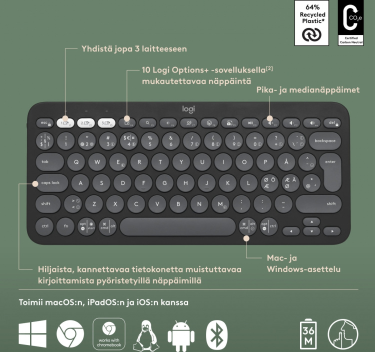 Logitech Pebble Keys 2 K380s -näppäimistö, harmaa