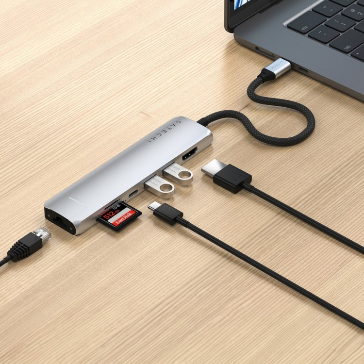 Satechi 7-in-1 USB-C Slim Multiport -adapteri Ethernetillä, hopea