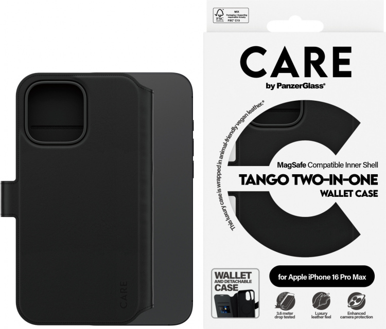 PanzerGlass CARE by PanzerGlass Tango Two-in-One Wallet Case MagSafe-yhteensopiva -lompakkokotelo, Apple iPhone 16 Pro Max, musta